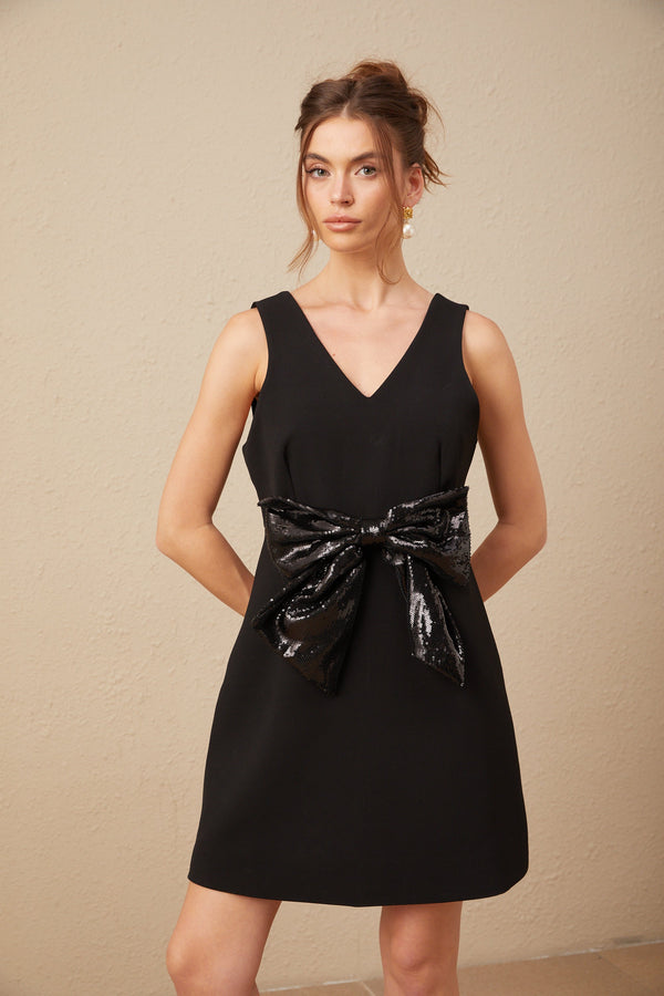 Roxane V-neck sequin-bow mini dress in Black (US Only)