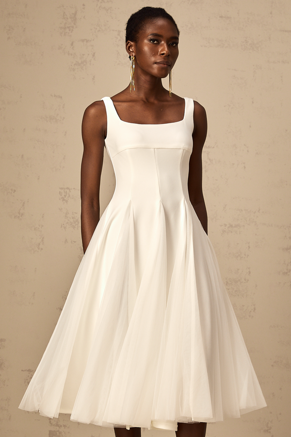 Danielle white tulle godet midi dress