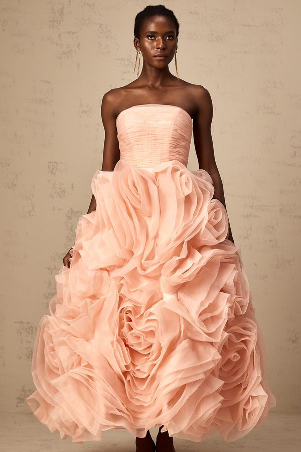 Leane Pink Off-Shoulder Tulle Midi Dress with 3D Petal Detail