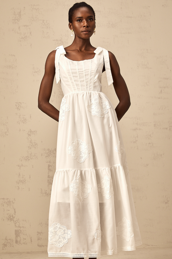 Gaëlle white floral-embroidered tiered midi dress (US Only)
