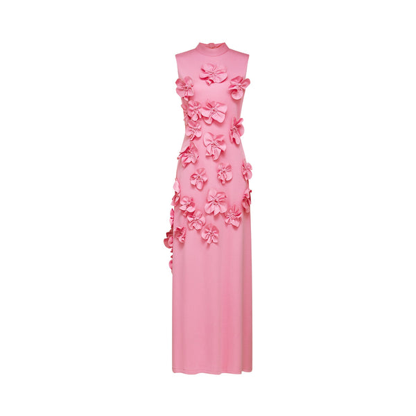 Magali Pink Sleeveless Maxi Dress with Faux Flower & Bow-Tie Embellishment