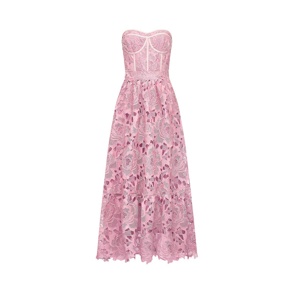 Inès lace floral embroidered cut-out midi dress in Pink