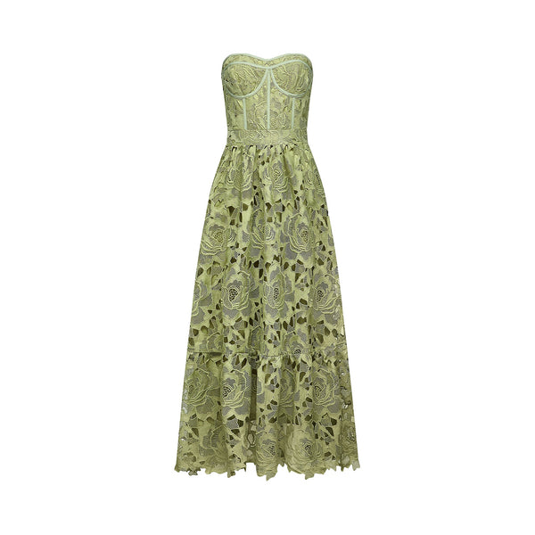 Inès lace floral embroidered cut-out midi dress in Green