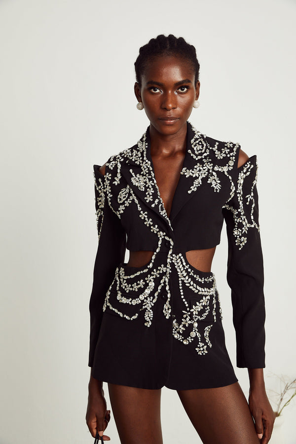 Audrey black crystal-embellished cut-out jacket