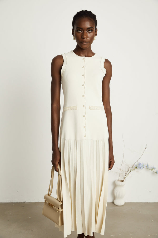 Léocadie white knitted faux-pearl midi dress