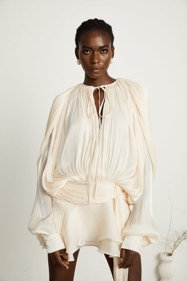 Eugénie Neutral Fully Pleated Ruffled Mini Dress