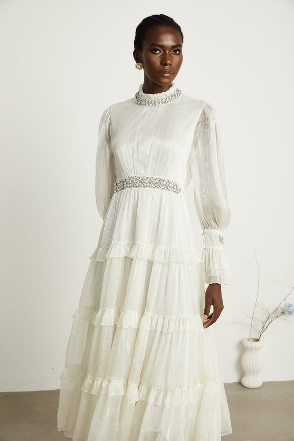 Raphaëlle crystal-embellished tiered midi dress (US Only)