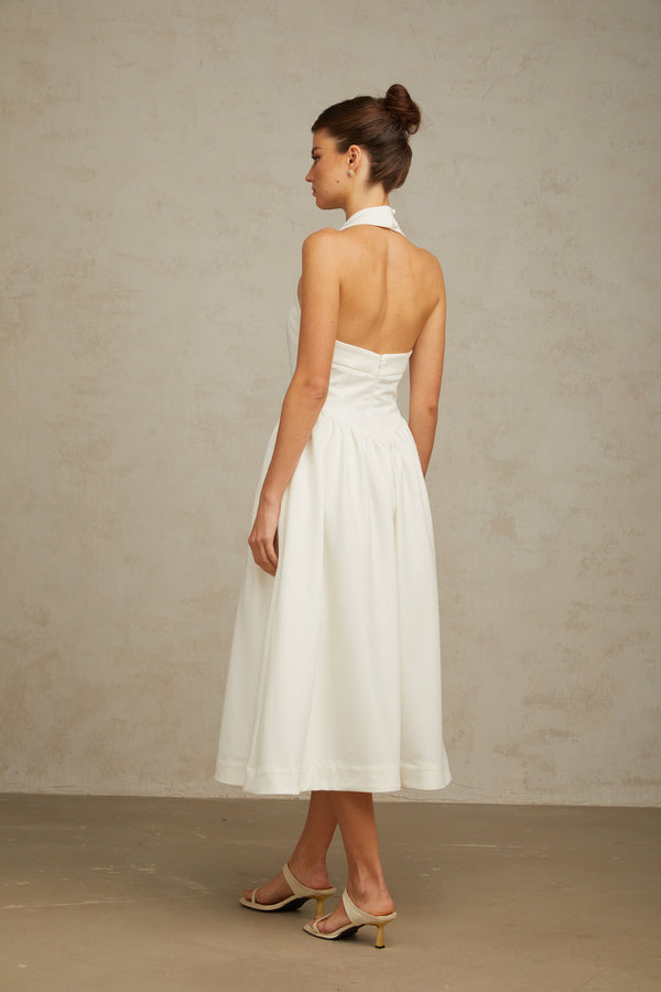 Alizée halterneck pleated midi dress in White (US Only)