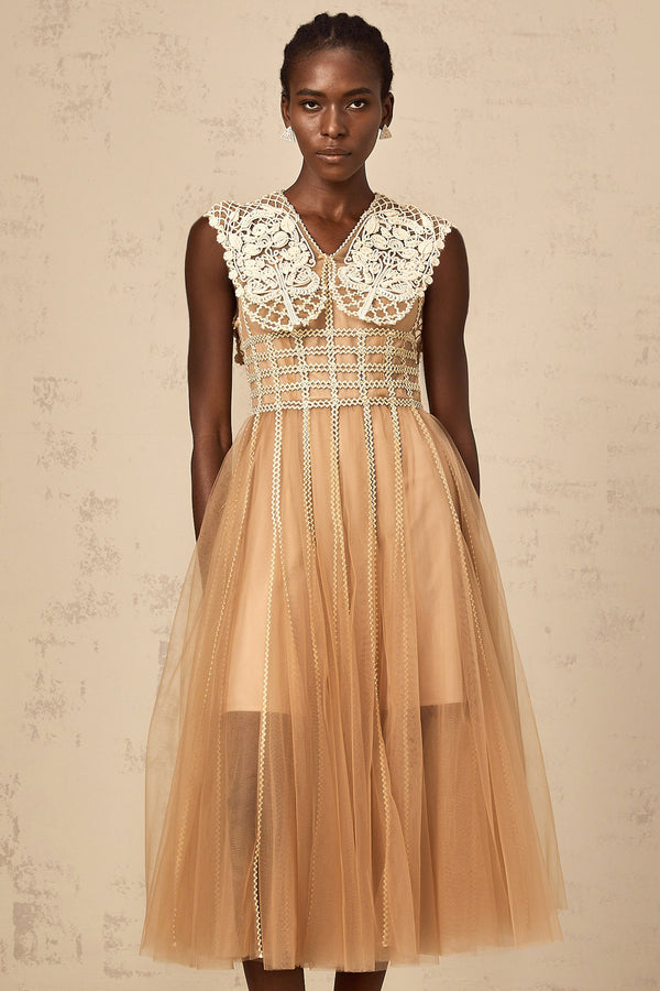 Léonor neutrals lace-panel tulle midi dress
