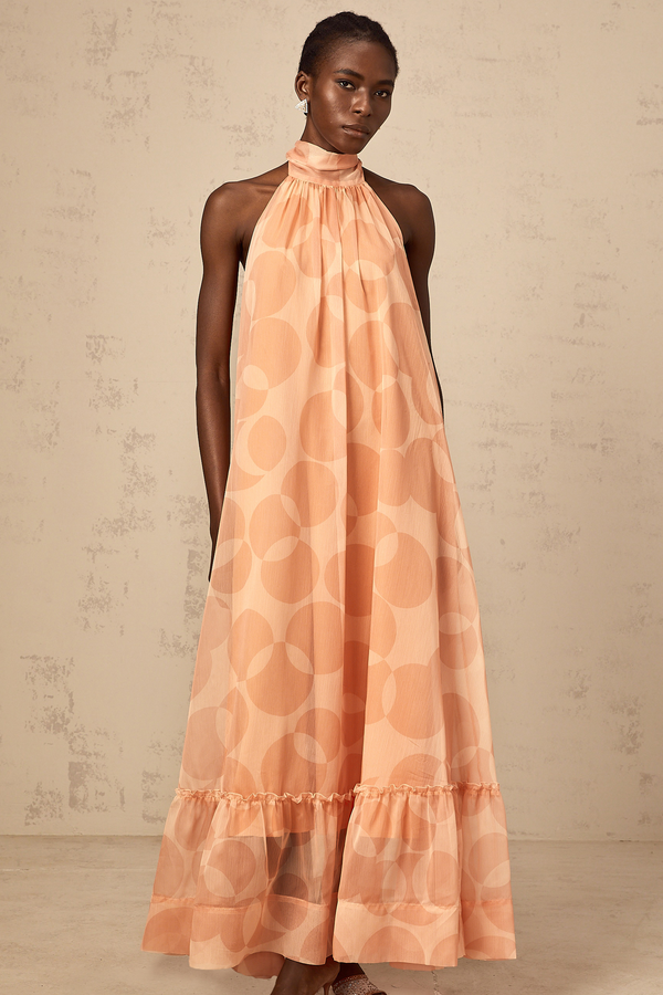 Clémence coral-pink halterneck pattern-print maxi dress (US Only)