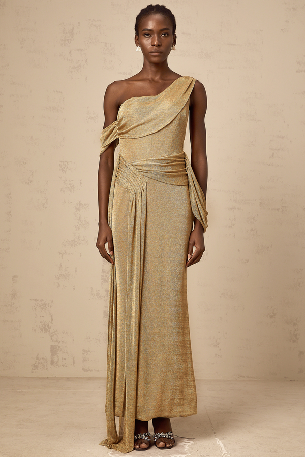 Anne gold ribbon-design gathered maxi dress (US Only)