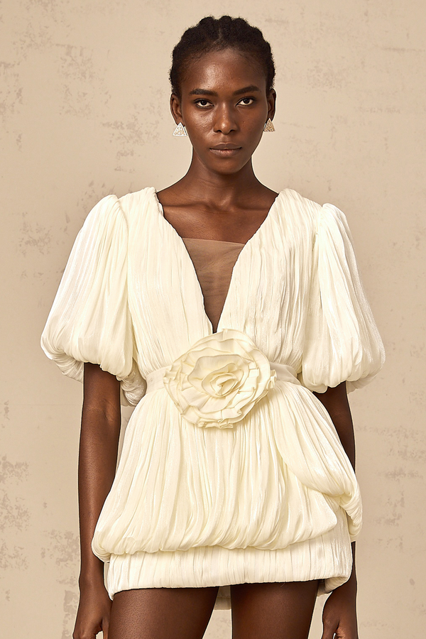 Nadège neutrals pleated floral-appliqué mini dress