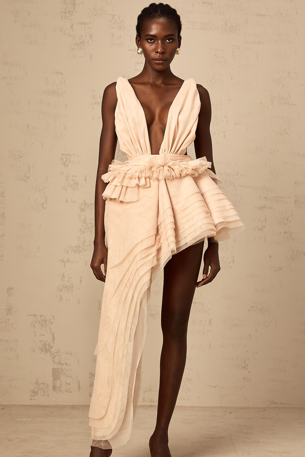 Isoline ribbon-design asymmetrical mini dress in Neutrals