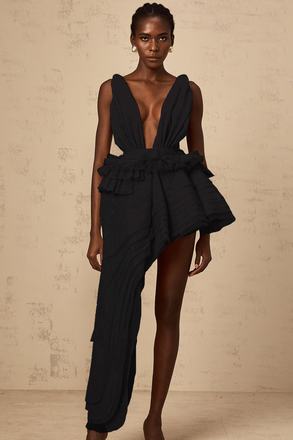 Isoline ribbon-design asymmetrical mini dress in Black (US Only)