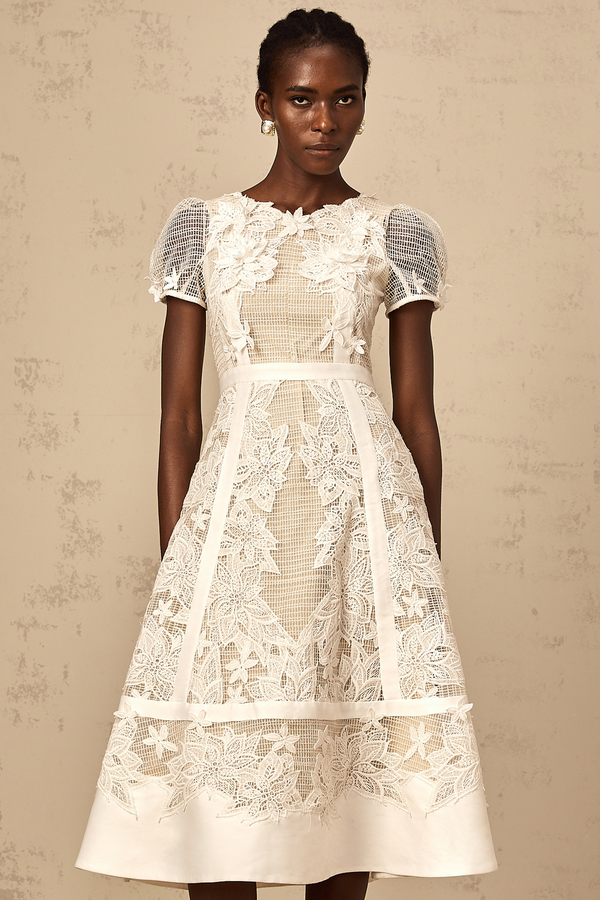 Clémence white flower-embroidered midi dress (US Only)