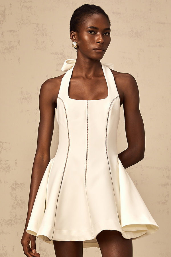 Quirine halterneck bow-detail mini dress in White