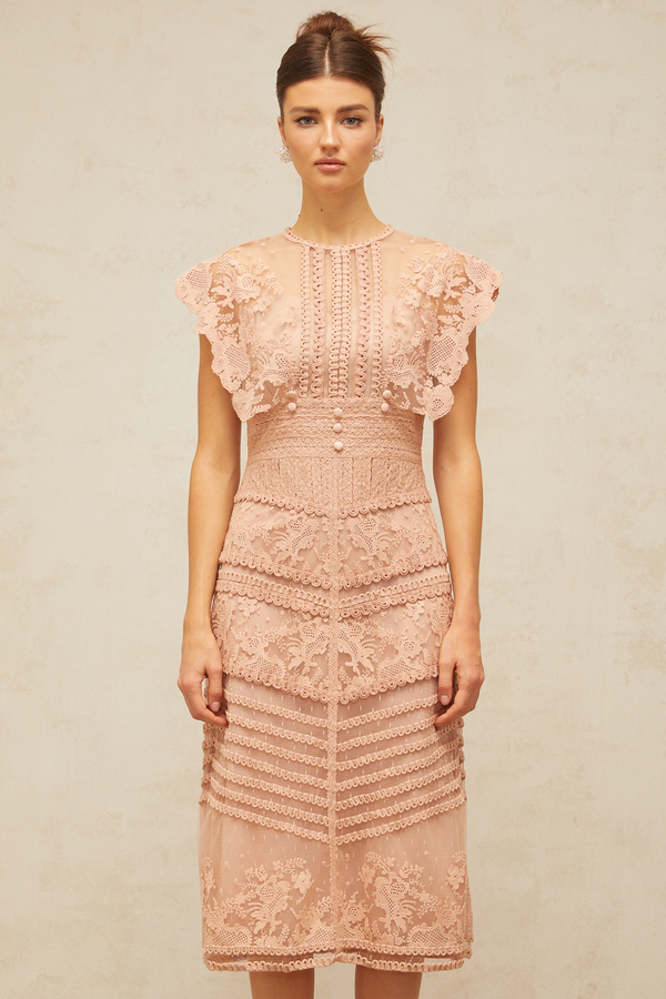 Fleur floral-embroidered lace midi dress in Pink