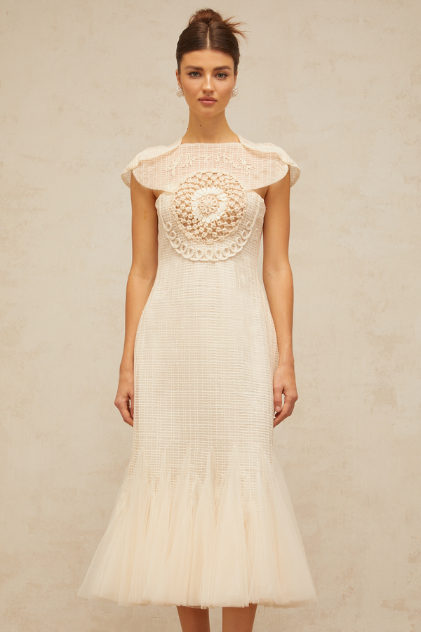 Bérengère white jacquard tulle-panel midi dress