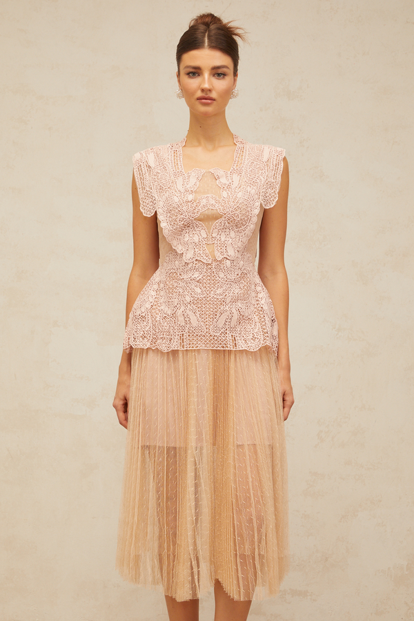 Céleste floral-lace-panelling tulle midi dress in Pink