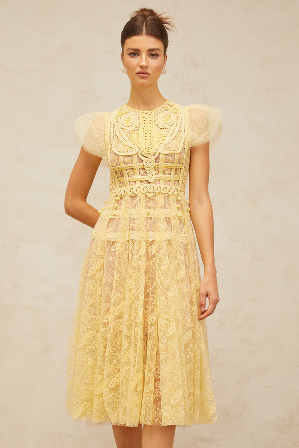 Véronique yellow embroidered-lace pleated midi dress (US Only)