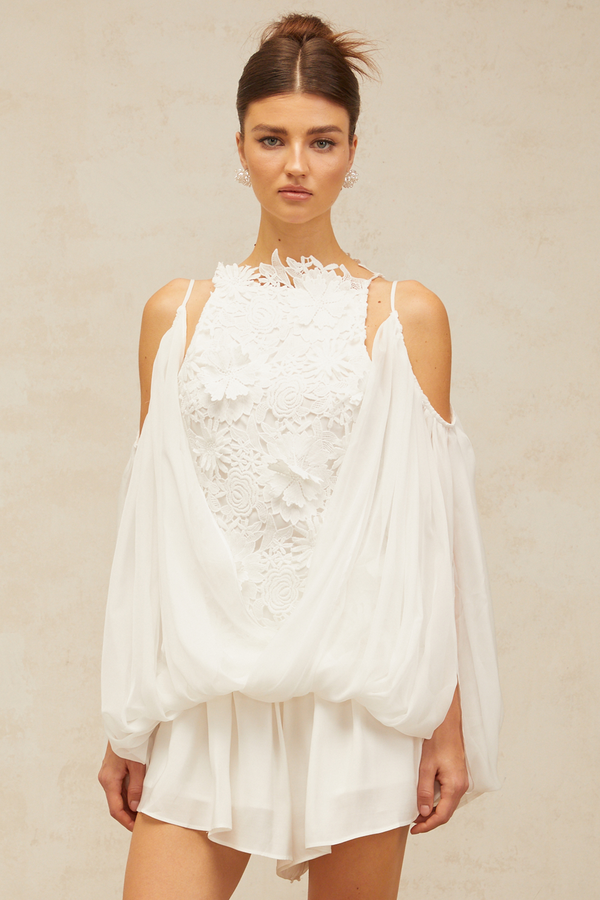 Mailys white floral-lace voile top & shorts matching set