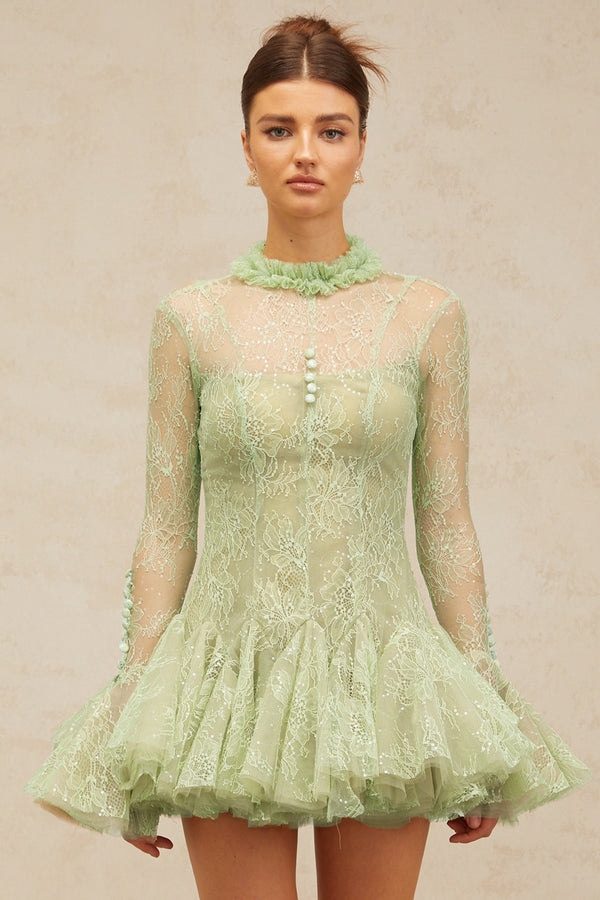 Mélodie green embroidered flared mini dress