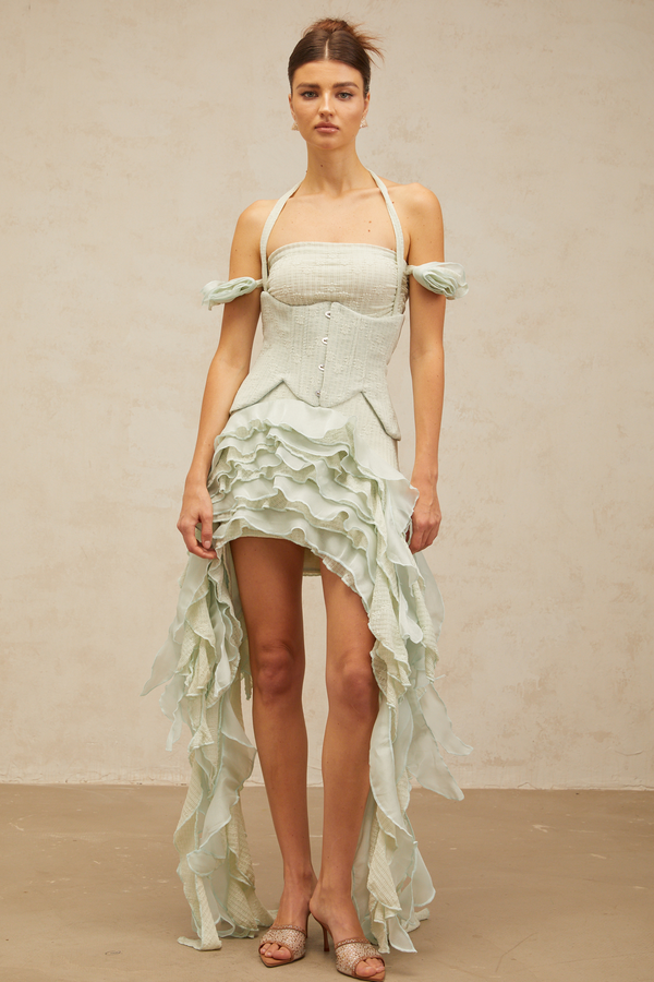 Patricia green floral-appliqué asymmetrical ruffled mini dress