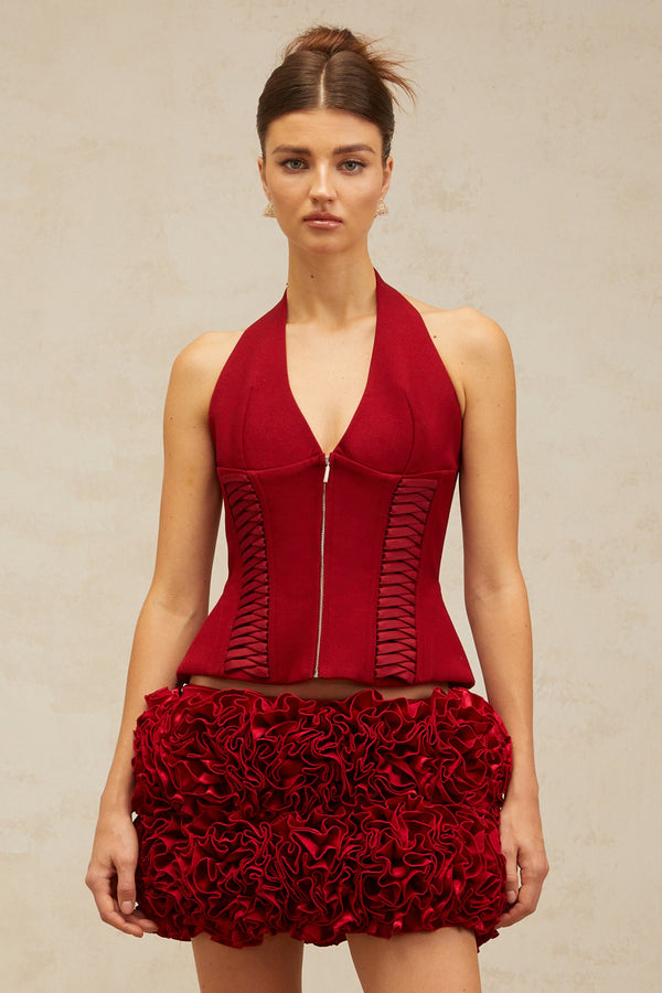 Paloma red halterneck lace-up top