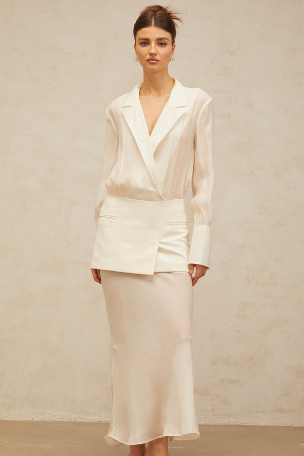 Gisèle white panelled semi-sheer maxi dress