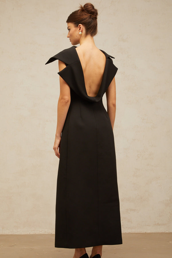Léonore black deconstructed open-back midi dress