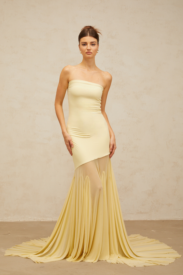 Josiane yellow off-shoulder sheer tulle maxi dress