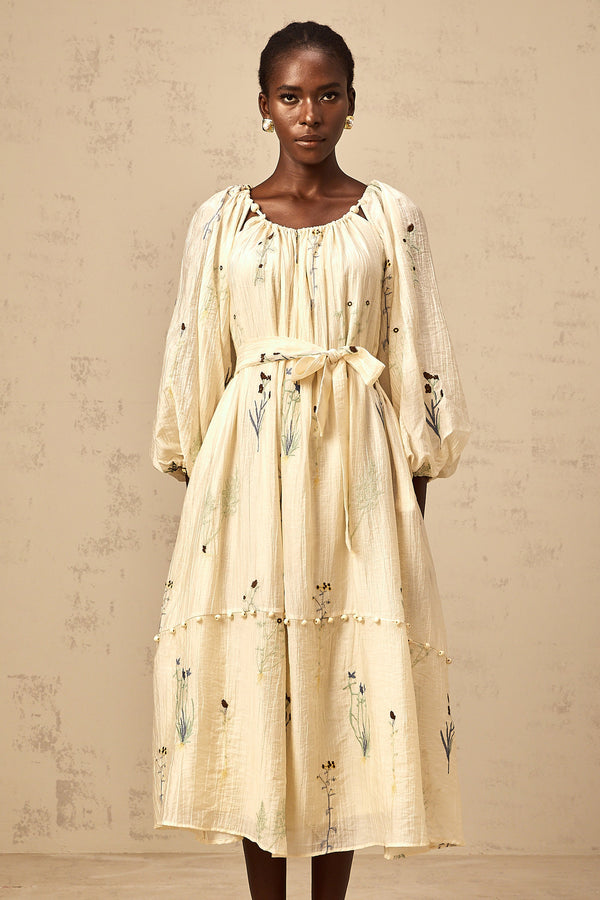 Uranie beige flower-embroidered beaded midi dress