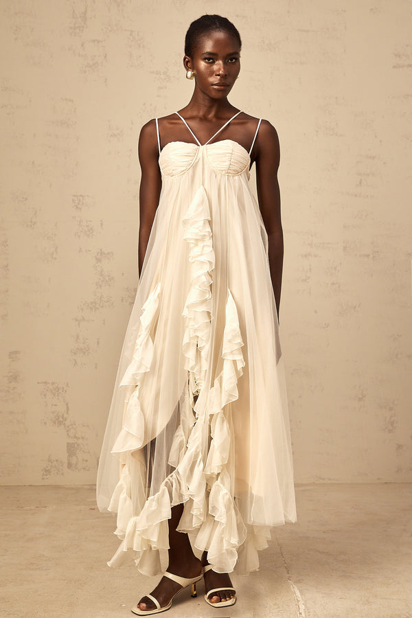 Colette layered ruffled tulle maxi dress in Neutrals