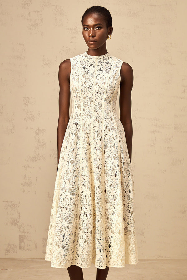 Edelie beige floral-lace flared midi dress (US Only)