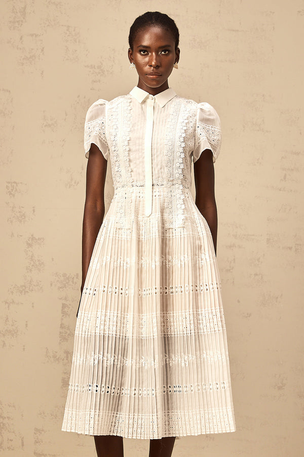 Quincie white lace-embroidered hollow midi dress