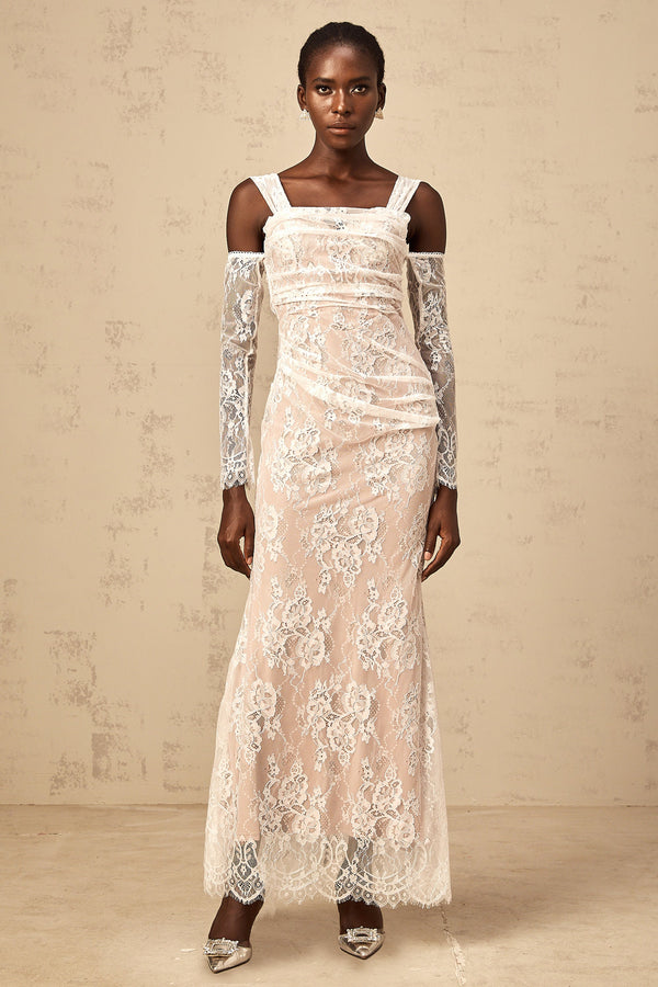 Bérénice white ruched floral-lace corset maxi dress