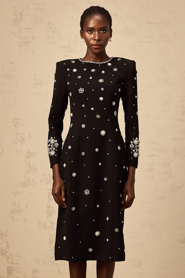Gaëlle black dart-detail embellished midi dress (US Only)
