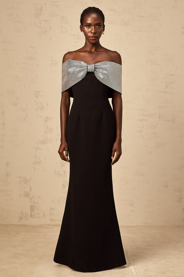 Chloé black rhinestone-bow off-shoulder maxi dress