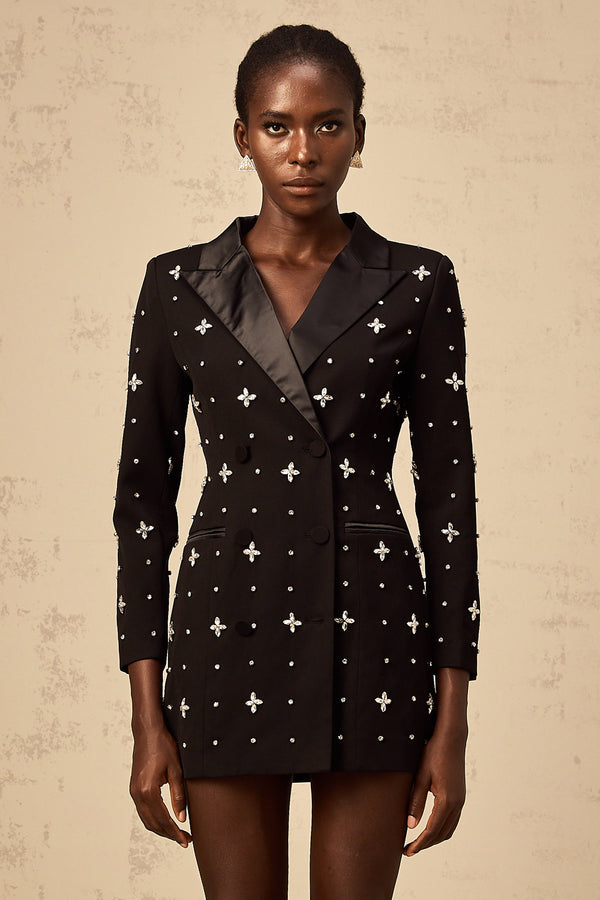 Quincie black crystal panelled mini blazer dress