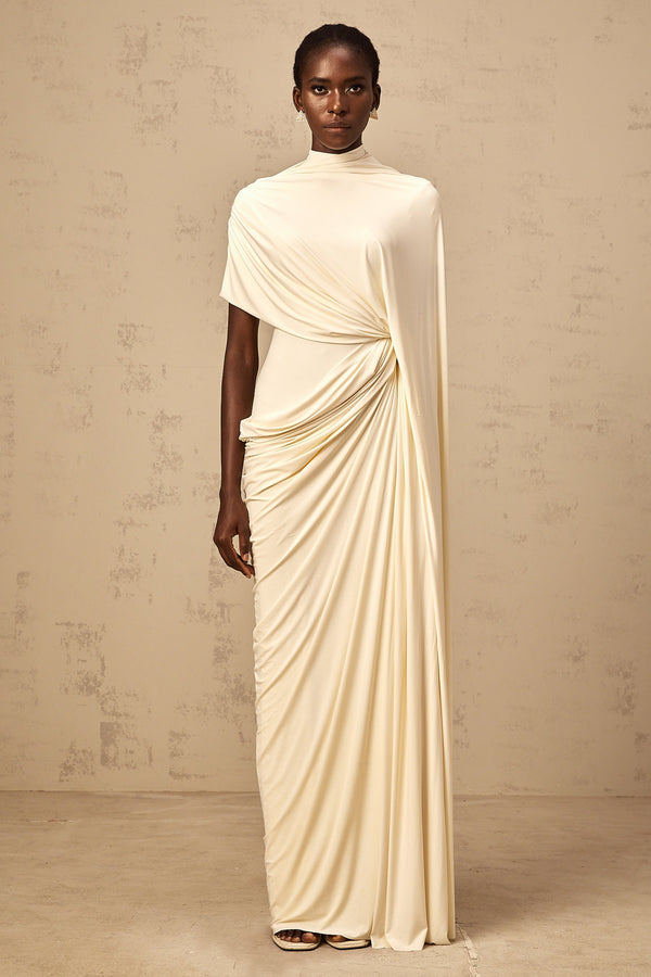 Priscille asymmetrical draped cape & dress matching set in White