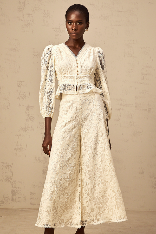Jacinthe neutrals floral-lace blouse & trousers matching set