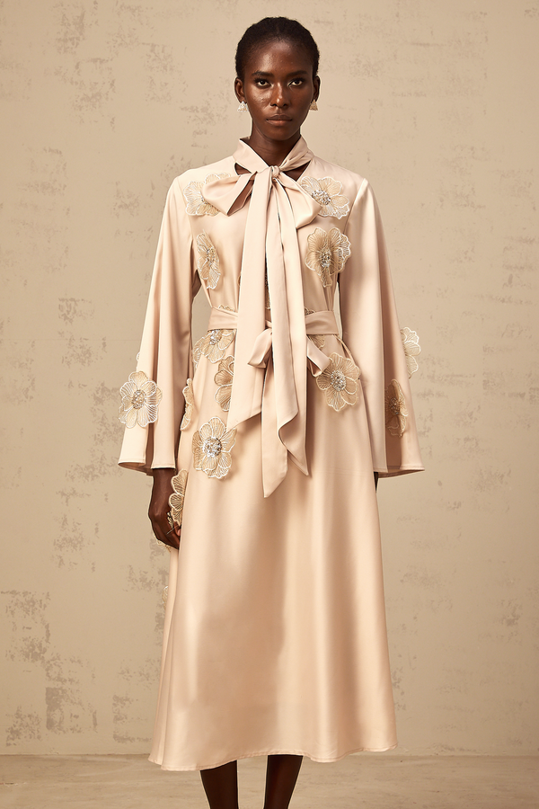 Orane tied floral-applique flared midi dress in Neutrals (US Only)