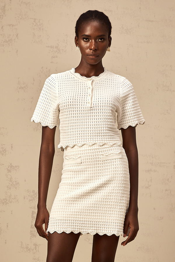 Maxanne cream-white ruffled pointelle-knit top & skirt matching set