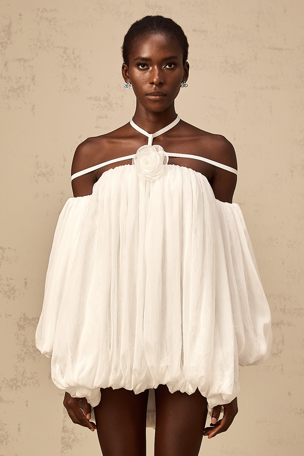 Hortense white floral-appliqué pleated tulle mini dress