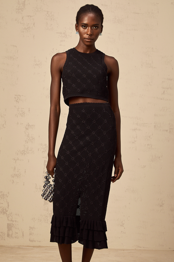Joëlle black crochet-knit top & skirt matching set