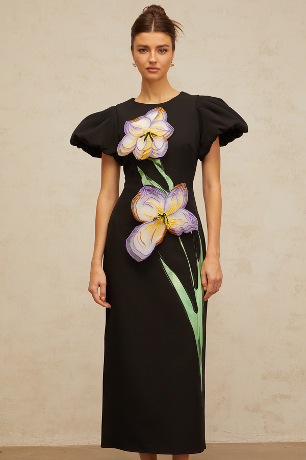 Irène sequined floral-embroidered midi dress in Black