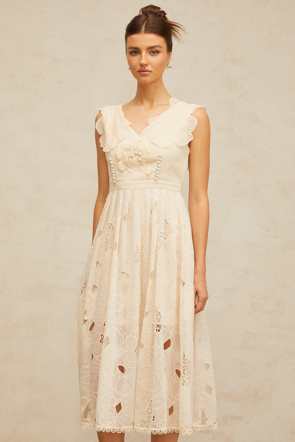 Anaïs neutrals beaded floral-embroidered midi dress