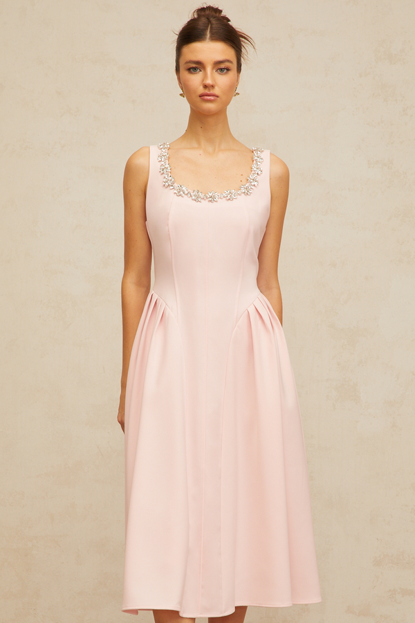 Béatrice pink crystal pleated midi dress