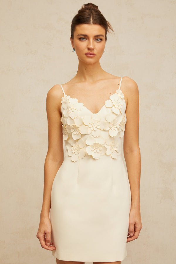 Xavière white V-neck 3d-petal mini dress (US Only)