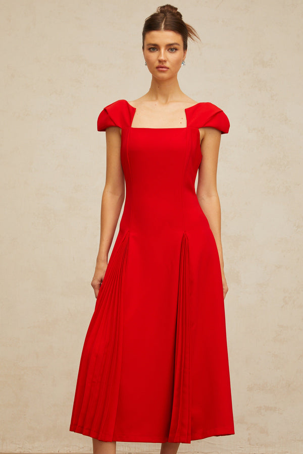 Gervaise red pleated-detail flared midi dress